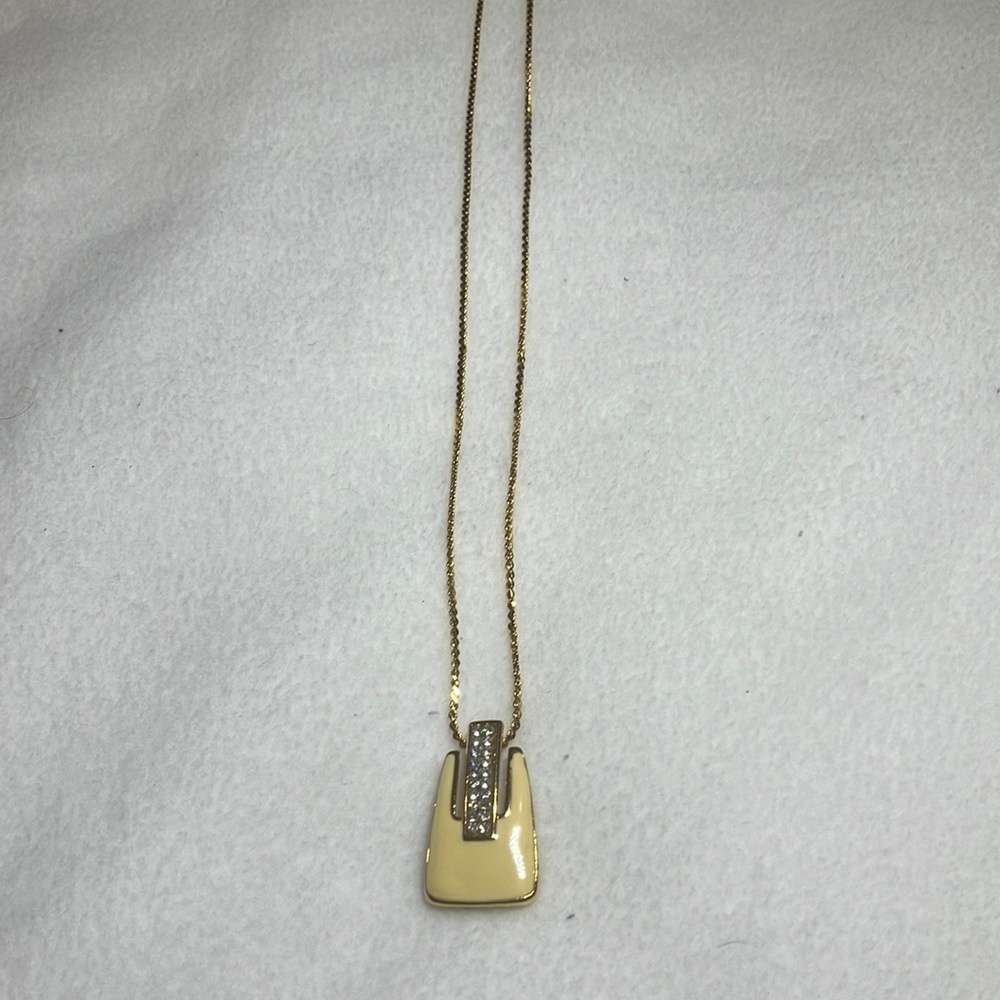 Betsey Johnson Cream Lacquer and Crystal Necklace on Gold Tone Chain.